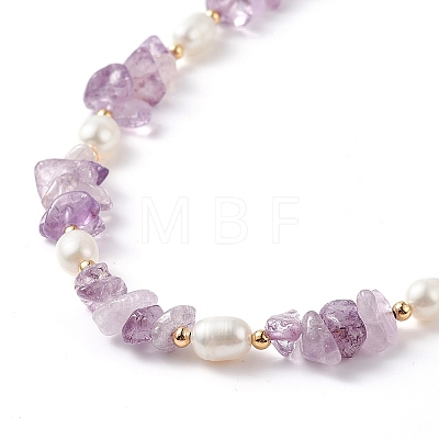 Natural Amethyst Chips & Pearl Beaded Necklace NJEW-JN04008-03-1