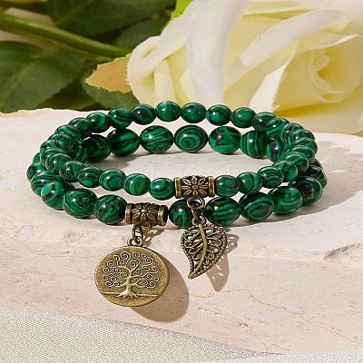 2Pcs Synthetic Malachite Round Beads Stretch Bracelets FS-WG435B7-16-1