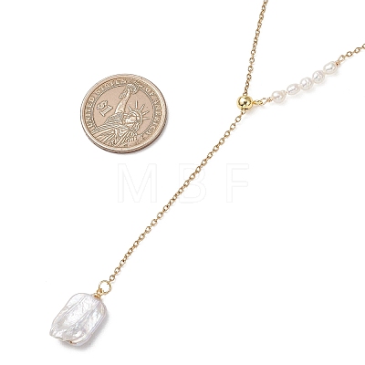 Adjustable Natural Keshi Pearl Rectangle Pendant 304 Stainless Steel Cable Chain Lariat Y Necklaces NJEW-JN05950-1