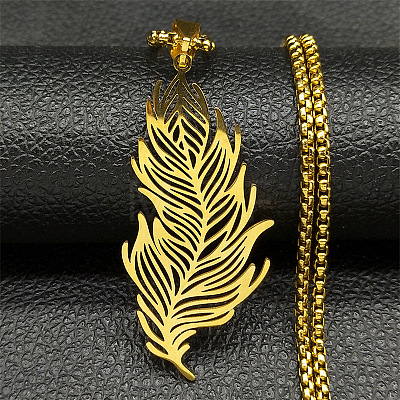 201 Stainless Steel Feather Pendant Necklaces LS-NJEW-K283-12G-1