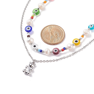 2Pcs 2 Style Natural Pearl & Evil Eye Beaded Necklaces with Bear Pendant for Women NJEW-TA00019-1