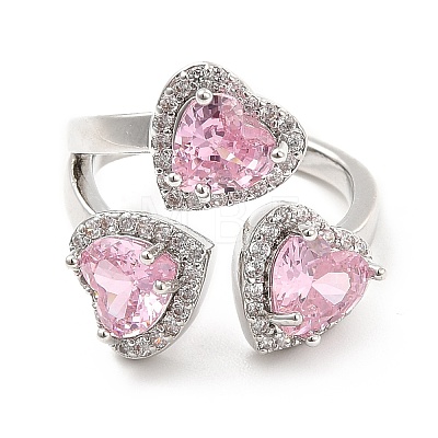 Pink Cubic Zirconia Triple Heart Open Cuff Ring RJEW-E064-06P-01-1