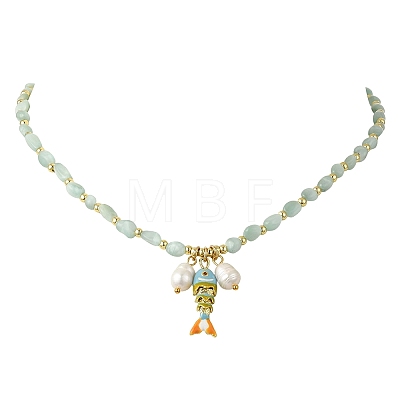 Brass Enamel Fish and Natural Pearl Rice Pendant Natural Glass Nuggets Beaded Necklaces for Women NJEW-JN06357-03-1