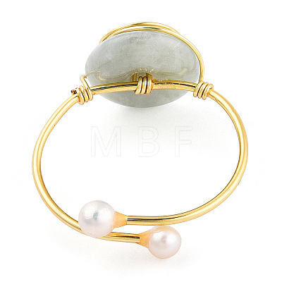 Natural Jadeite Open Cuff Ring with Pearl Beaded RJEW-T026-01G-1
