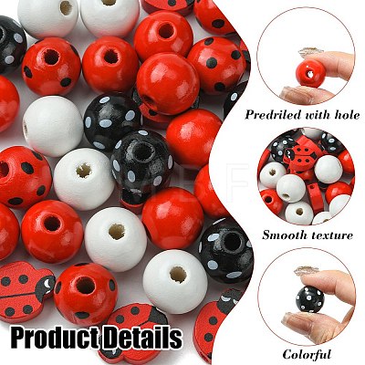 40Pcs 5 Styles Ladybug Theme Spray Painted Wood Beads WOOD-FS0001-14-1