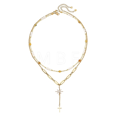 Natural Amber and Pearl Beaded Double Layered Necklaces NJEW-JN06685-1