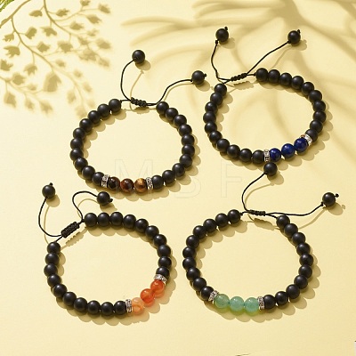 4Pcs 4 Style Natural Lava Rock & Mixed Stone Braided Bead Bracelets Set for Women BJEW-TA00115-1