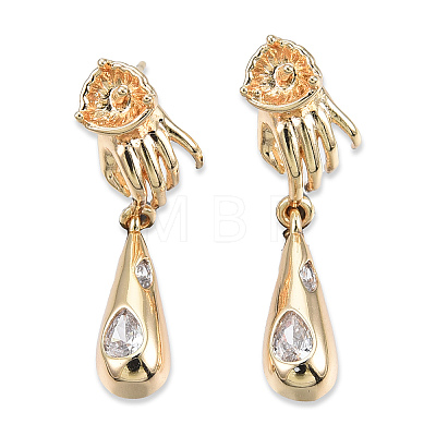 Brass Pave Clear Cubic Zirconia Hand with Teardrop Dangle Stud Earring Findings KK-N232-477LG-A-1