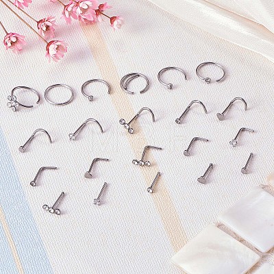 21Pcs 21 Style Clear Cubic Zirconia Flower & Flat Round & Heart Nose Studs & Rings Set JX527B-1
