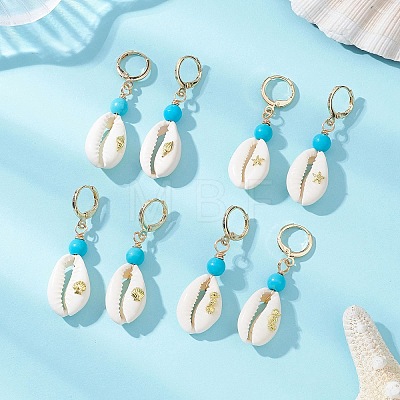 Synthetic Turquoise & Shell Leverback Earrings EJEW-JE06880-1