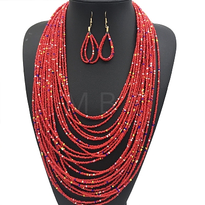 Ethnic Style Acrylic Seed Beaded Multilayer Necklaces & Teardrop Dangle Earrings Sets WGF31E6-03-1