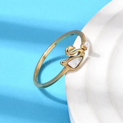 304 Stainless Steel & Natural Shell & Imitation Pearl Cuff Rings for Women RJEW-G372-01G-02-1