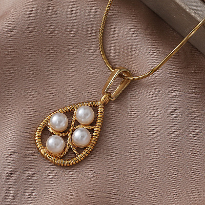 304 Stainless Steel with Imitation Pearl Teardrop Pendant Necklaces for Women BY5835-1