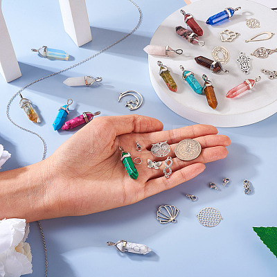  DIY Natural & Synthetic Mixed Gemstone Bullet Pendant Necklace Making Kit DIY-TA0004-91-1