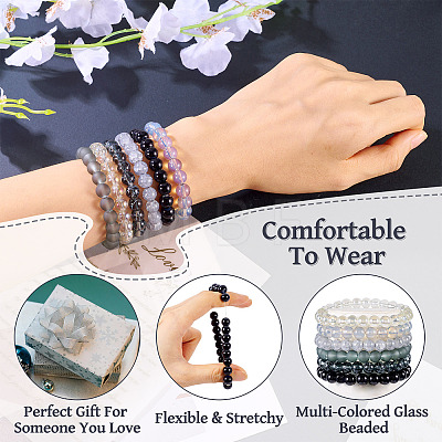 6Pcs 6 Styles 8mm Glass Round Beaded Stretch Bracelet Sets BJEW-TAC0024-1