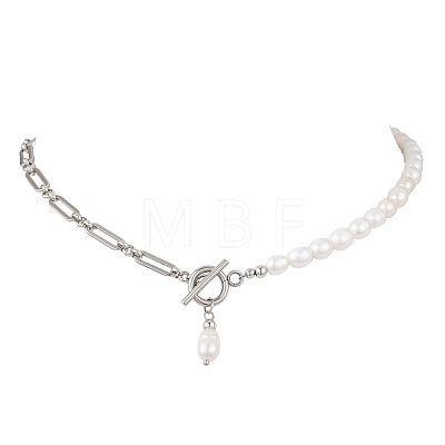 304 Stainless Steel Figaro Chain Natural Cultured Freshwater Pearl Rice Beaded Necklaces with OT Clasps NJEW-JN05959-02-1