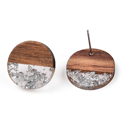 Resin & Walnut Wood Flat Round Stud Earrings with 304 Stainless Steel Pin for Women EJEW-TADZ0001-01S-1
