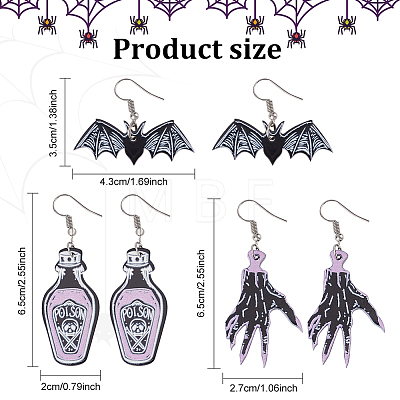 3 Pairs 3 Style Skeleton Hand & Bat & Bottle Acrylic Dangle Earrings for Halloween EJEW-AN0002-93-1