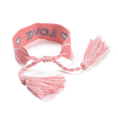 Word Love Polycotton(Polyester Cotton) Braided Bracelet with Tassel Charm BJEW-F429-06-1