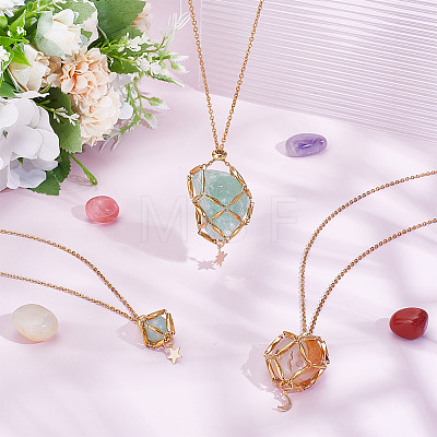 3Pcs 3 Styles Star Moon Stainless Steel Braided Chain Macrame Pouch Empty Stone Holder Pendant Necklace Making NJEW-UN00014-1