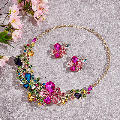 ANATTASOUL Colorful Rhinestone Flower of Life Pendant Necklace & Dangle Stud Earrings SJEW-AN0001-12-1