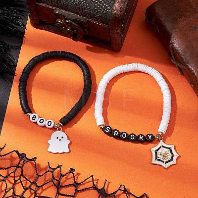 2Pcs 2 Colors Ghost & Spider Web Alloy Enamel Charm Bracelet Sets BJEW-JB10885-1