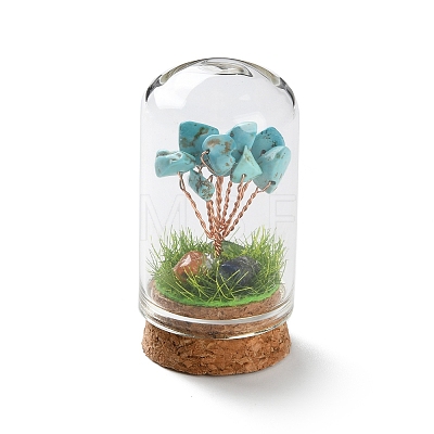 Syntheticl Crackle Turquoise Chips Money Tree in Dome Glass Bell Jars with Wood Base Display Decorations DJEW-K030-02G-1