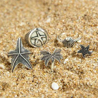 8Pcs 8 Styles Alloy Starfish/Shell Shape/Coconut Tree Finger Rings PW-WG7F8AF-01-1