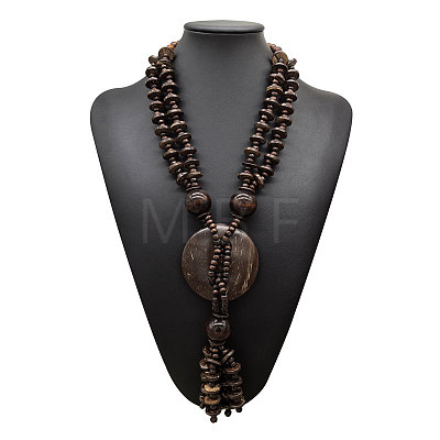 Boho Coconut & Wood Handmade Ethnic Donut Pendant Long Tassel Beaded Necklaces for Beach Vacation WGD9A0D-02-1