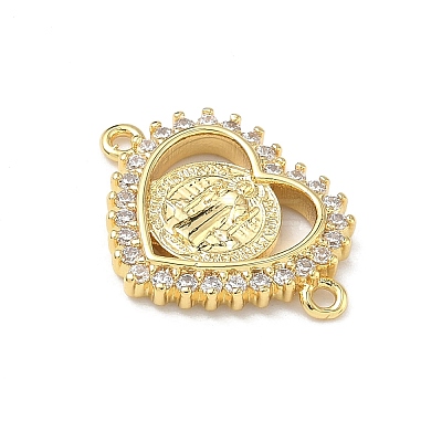 Religion Brass Micro Pave Clear Cubic Zirconia Heart with Saint Benedict Medal Links Connector Charms KK-P350-05G-1