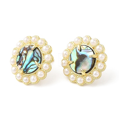 Natural Shell Flower Stud Earrings with Plastic Pearl Beaded EJEW-E599-04G-03-1