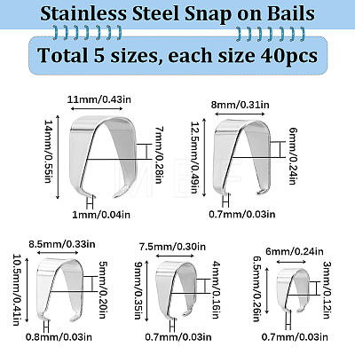 200Pcs 5 Size 201 Stainless Steel Snap on Bails STAS-SC0005-55-1