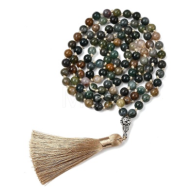 Natural Indian Agate Mala Prayer Round Beaded Wrap Necklaces with Long Tassel and Metal Tree of Life FS-WG93CBE-01-1