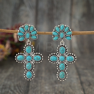 Synthetic Turquoise Cross Dangle Stud Earrings PW-WG58438-01-1