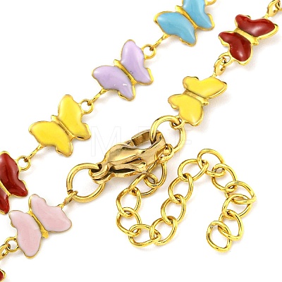 304 Stainless Steel Colorful Enamel Butterfly Link Chain Necklaces NJEW-P315-05G-1