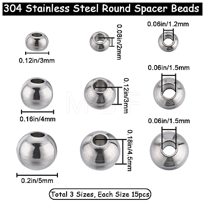 Beebeecraft 450Pcs 3 Style 304 Stainless Steel Round Beads STAS-BBC0003-44-1