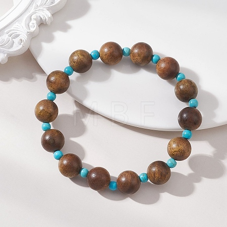 Wood & Synthetic Turquoise Beaded Stretch Bracelets for Women BJEW-TA00729-1