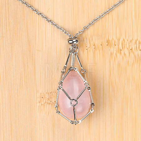 Natural Rose Quartz Easter Egg Cage Pendant 304 Stainless Steel Cable Chain Necklaces FS-WGA333C-06-1