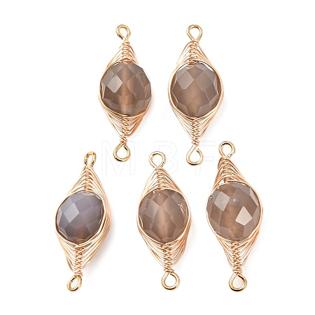 Natural Grey Agate Faceted Flat Round Links Connector Charms with Copper Herringbone Wire-Wrapped KK-Z152-09G-01-1