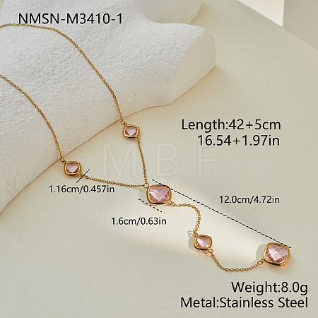 304 Stainless Steel Glass Rhombus Long Y Tassel Necklaces for Women WGE6B13-01-1