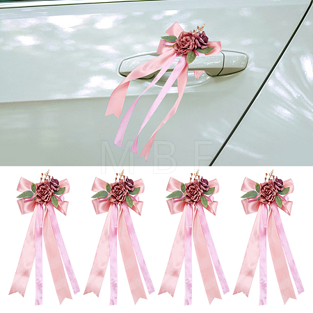 PE Flower with Satin Ribbon Wedding Car Rearview Mirror AJEW-WH0596-913-1