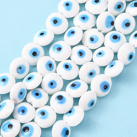 Flat Round Evil Eye Lampwork Bead Strands LAMP-R118-07-1