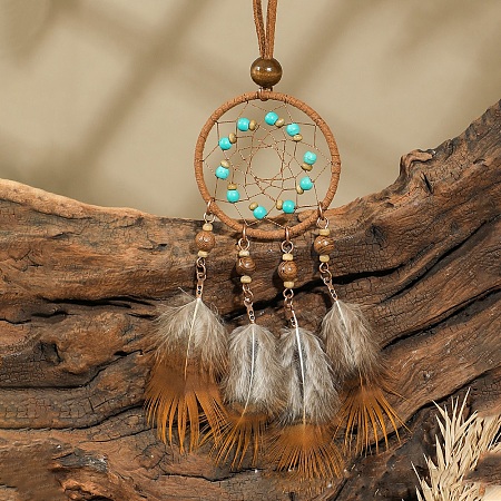 Ethnic Style Alloy & Wood Woven Web/Net with Feather Big Pendant Faux Suede Cord Necklaces for Women FS-WG285C1-09-1