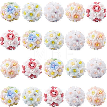 20Pcs 5 Colors Luminous Polymer Clay Rhinestone Flower Beads RESI-SC0005-56-1