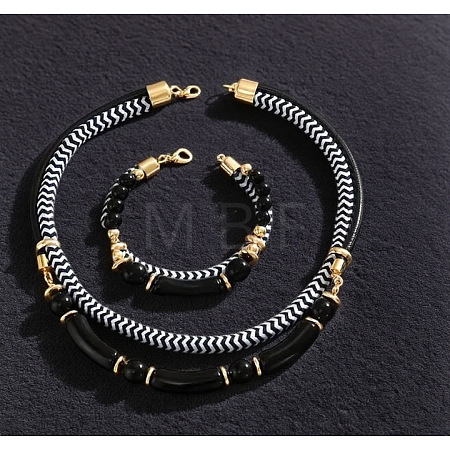 Alloy Polyester Black White Necklace & Bracelet Set FS-WG59022-03-1