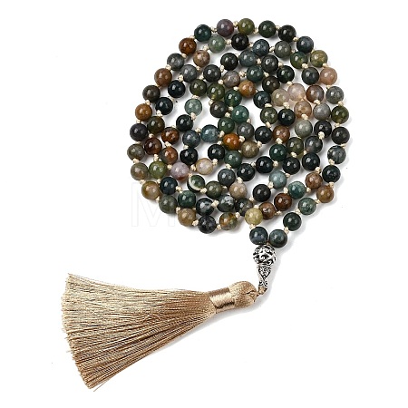 Natural Indian Agate Mala Prayer Round Beaded Wrap Necklaces with Long Tassel and Metal Tree of Life FS-WG93CBE-01-1