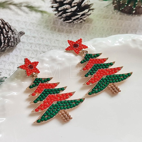 Christmas Tree Alloy & Acrylic Beaded Dangle Stud Earrings for Women EJEW-G406-01G-02-1