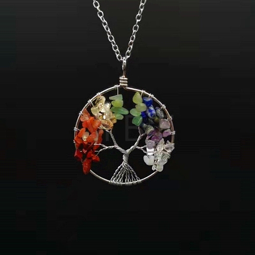 7 Chakra Gemstone Chip Tree of Life Pendant Necklaces PW-WG100CC-01-1