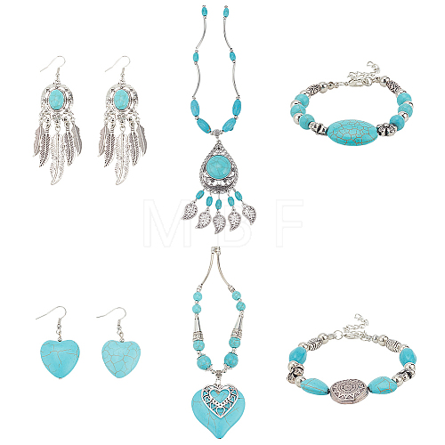 Natural & Synthetic Turquoise Heart Pendant Necklaces & Beaded Bracelets & Feather Chandellier Earrings SJEW-AN0001-45-1