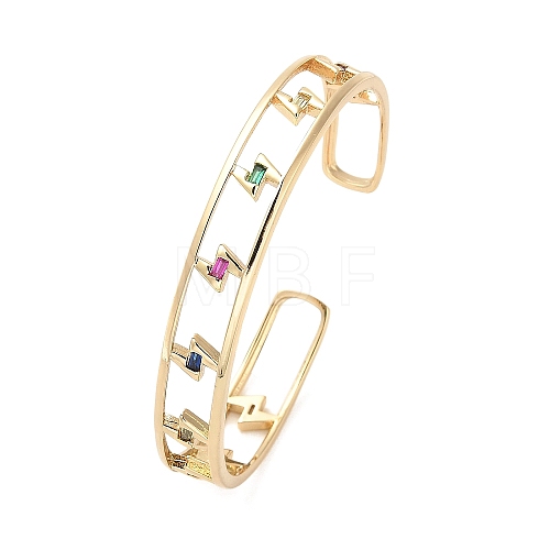 Brass Hollow Lightning Bolt Open Cuff Bangles with Colorful Glass for Women BJEW-M312-10G-1